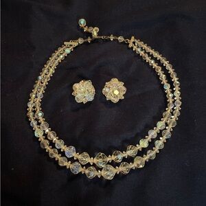 Vintage Crystal Bead Necklace and Clip Earrings Set
